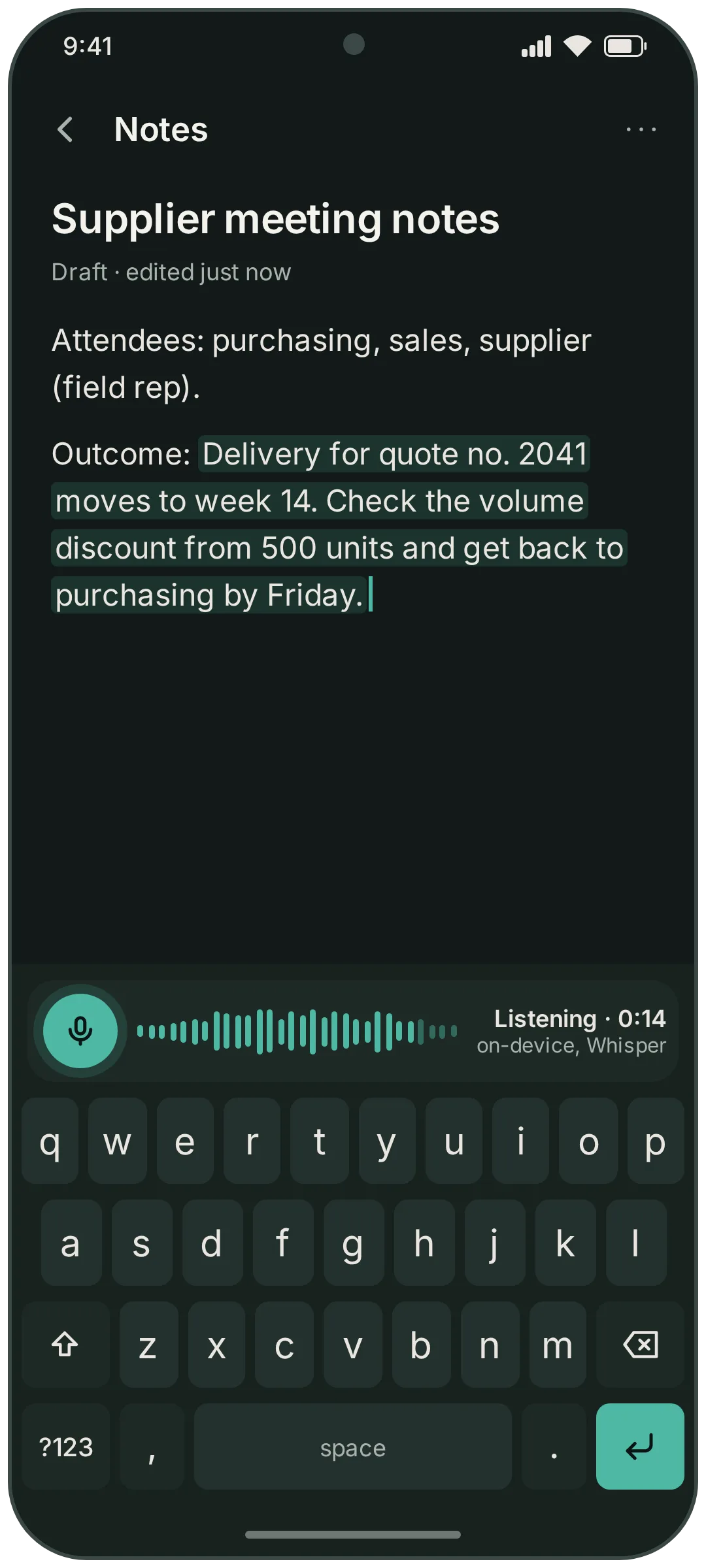 Mitboard (illustration): dictation keyboard on an Android smartphone, a dictated sentence appears in a note while the microphone key is active and transcription runs on-device