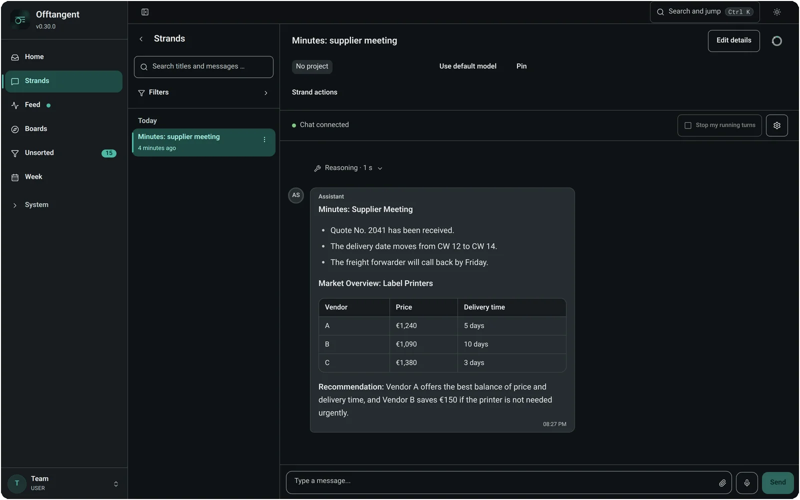 Offtangent in the browser: strand “Minutes: supplier meeting” with three bullet points, a comparison table of label printers from vendors A, B and C and a recommendation