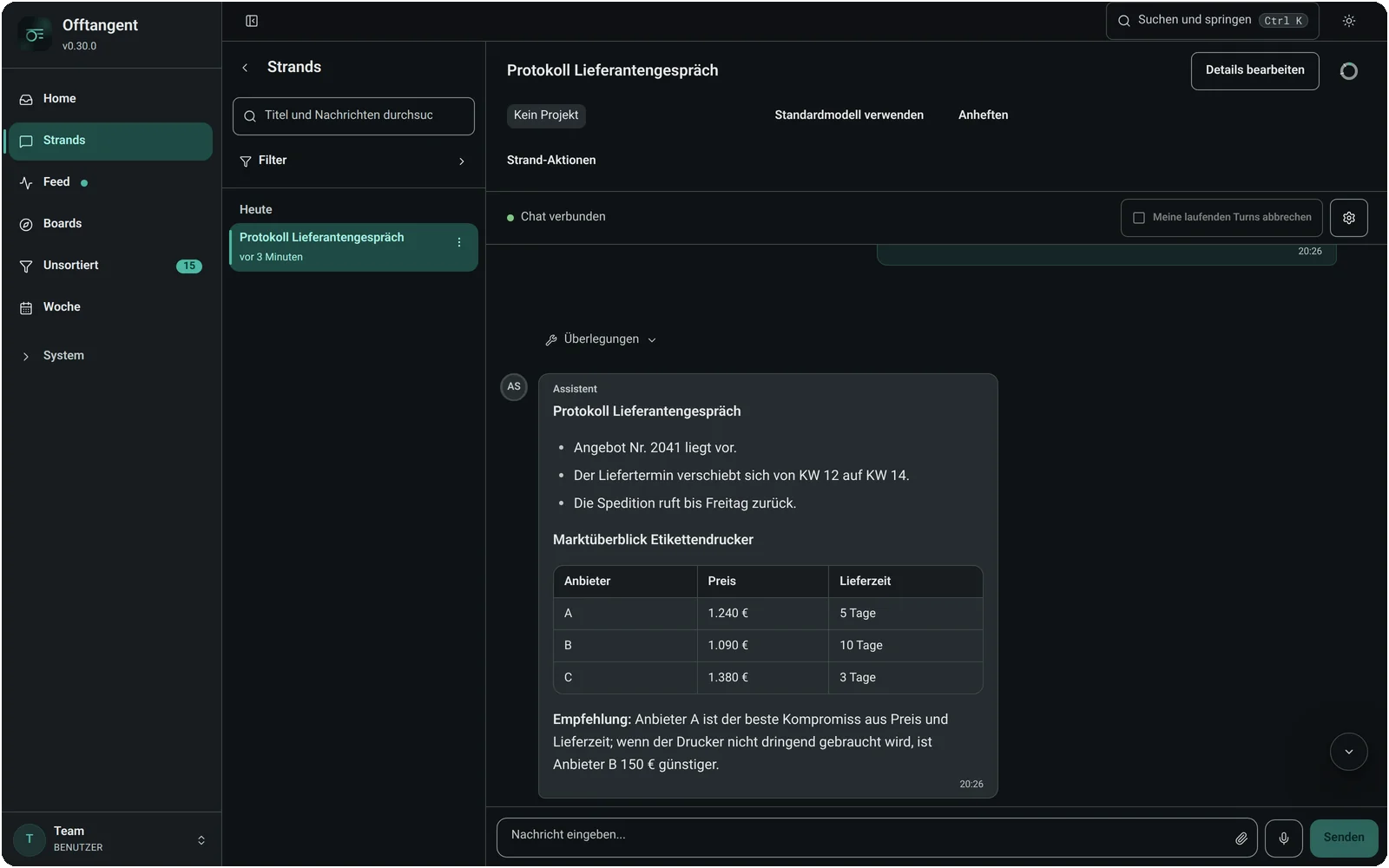 Offtangent im Browser: Strand „Protokoll Lieferantengespräch“ mit drei Stichpunkten, einer Vergleichstabelle für Etikettendrucker der Anbieter A, B und C und einer Empfehlung